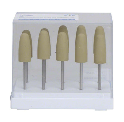 Zehn feine Siliziumcarbid-Polierer in transparenter Verpackung für Dentalanwendungen.