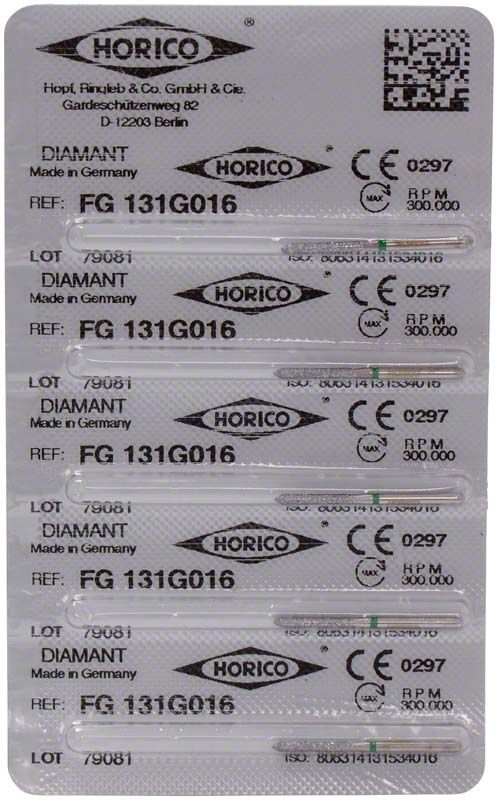 Blisterpackung mit fünf Diamantbohrern FG 131G 016, steril verpackt.