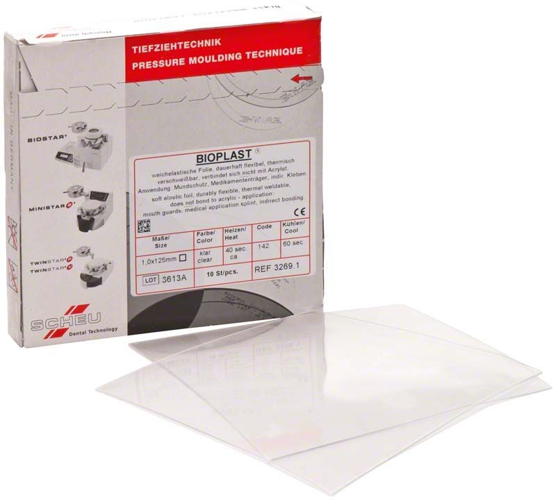 Weichelastische Tiefziehfolien BIOPLAST® 10er 1mm neben Verpackung.