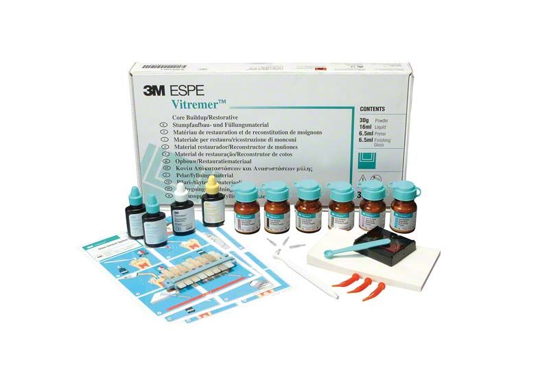 Vitremer Intro Kit mit mehreren Fläschchen und Zubehör auf weißem Hintergrund.