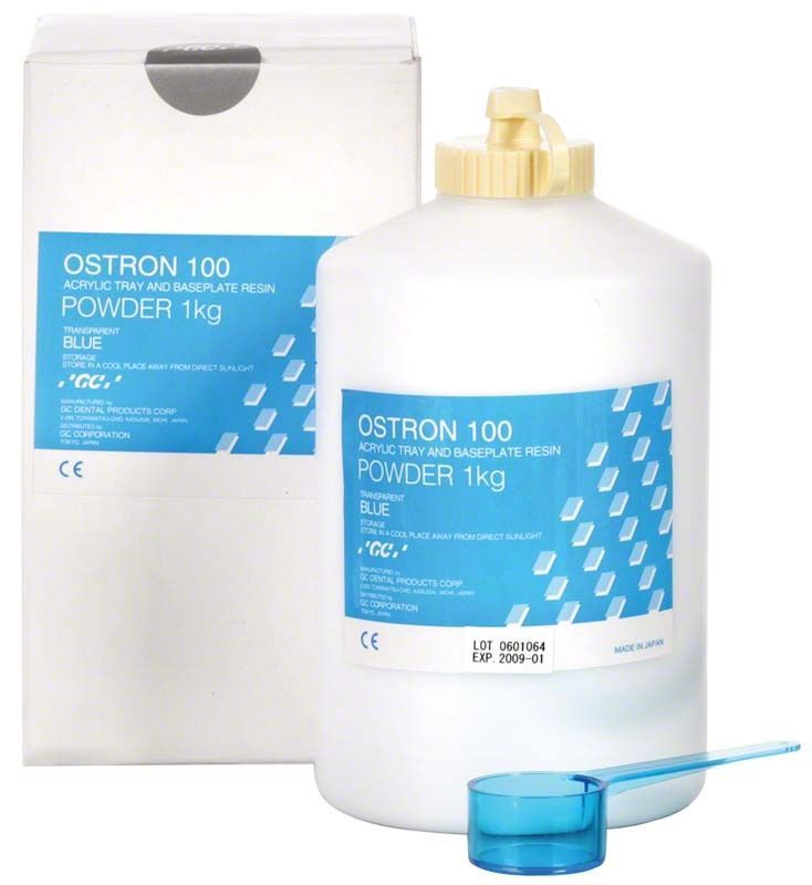 Ostron 100 Pulver blau 1kg Kunststoffflasche mit Dosierlöffel und Verpackung.