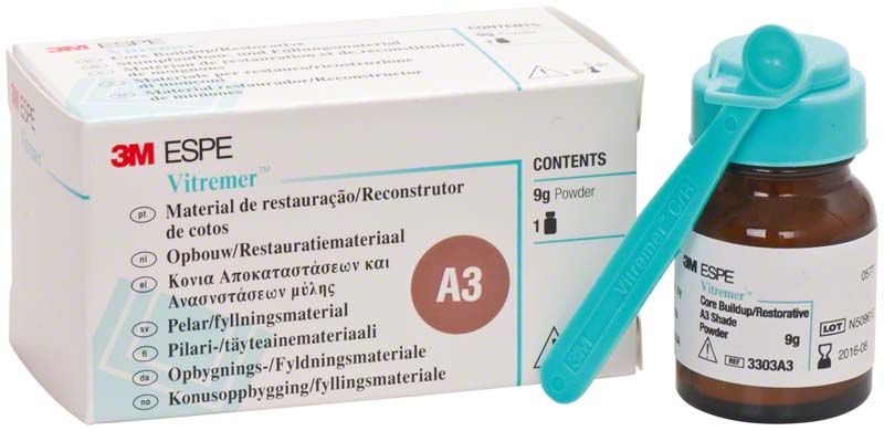 Vitremer Pulver A3 mit Messlöffel und Verpackung von 3M ESPE.