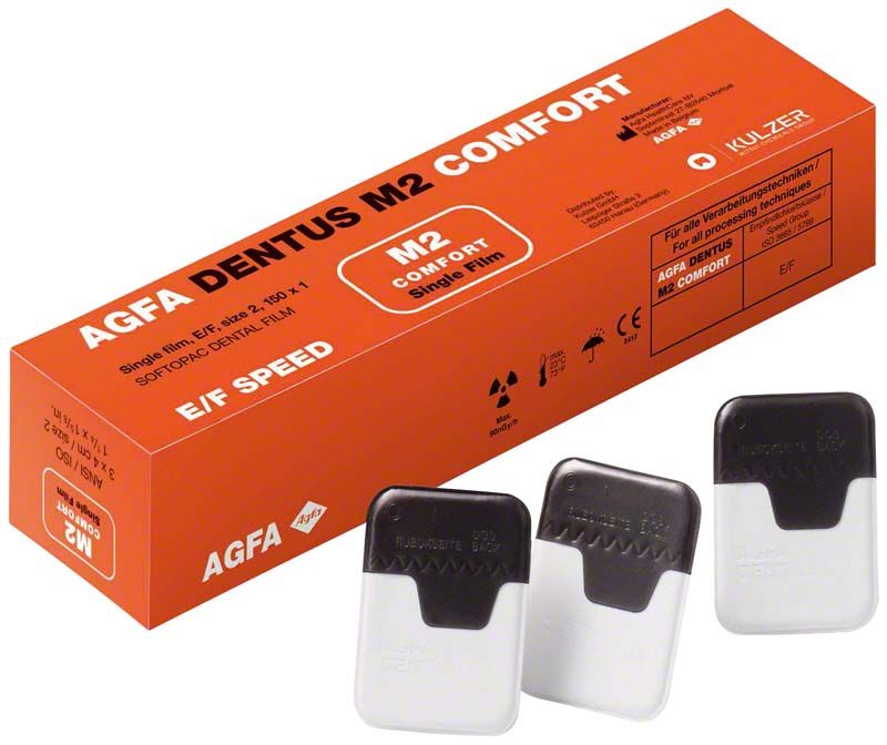 Agfa Dentus M2 Comfort Röntgenfilmverpackung mit drei einzeln verpackten Filmen.