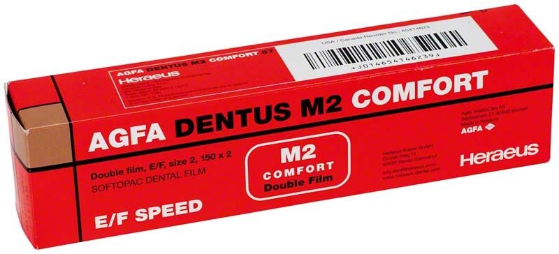 Rote Verpackung des Agfa Dentus® M2 Comfort E/F-Doppelfilms für Dentalröntgen.