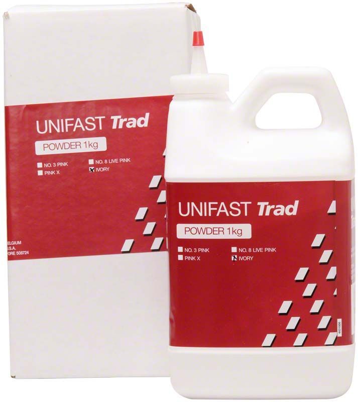 Pulverförmiges Dentalmaterial GC Unifast TRAD in elfenbeinfarbener Verpackung, 1 kg.