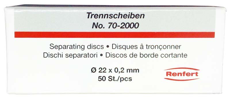 Verpackung der Renfert Trennscheiben für Keramik, 0,20 x 22 mm, 50 Stück.