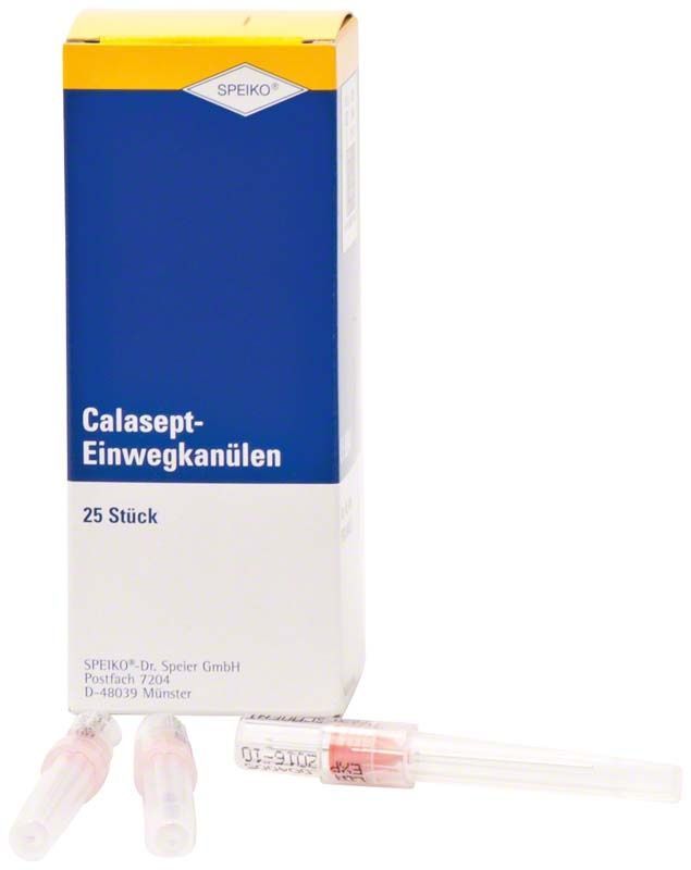 Calasept-Einwegkanülen-Verpackung mit zwei sichtbaren Kanülen.