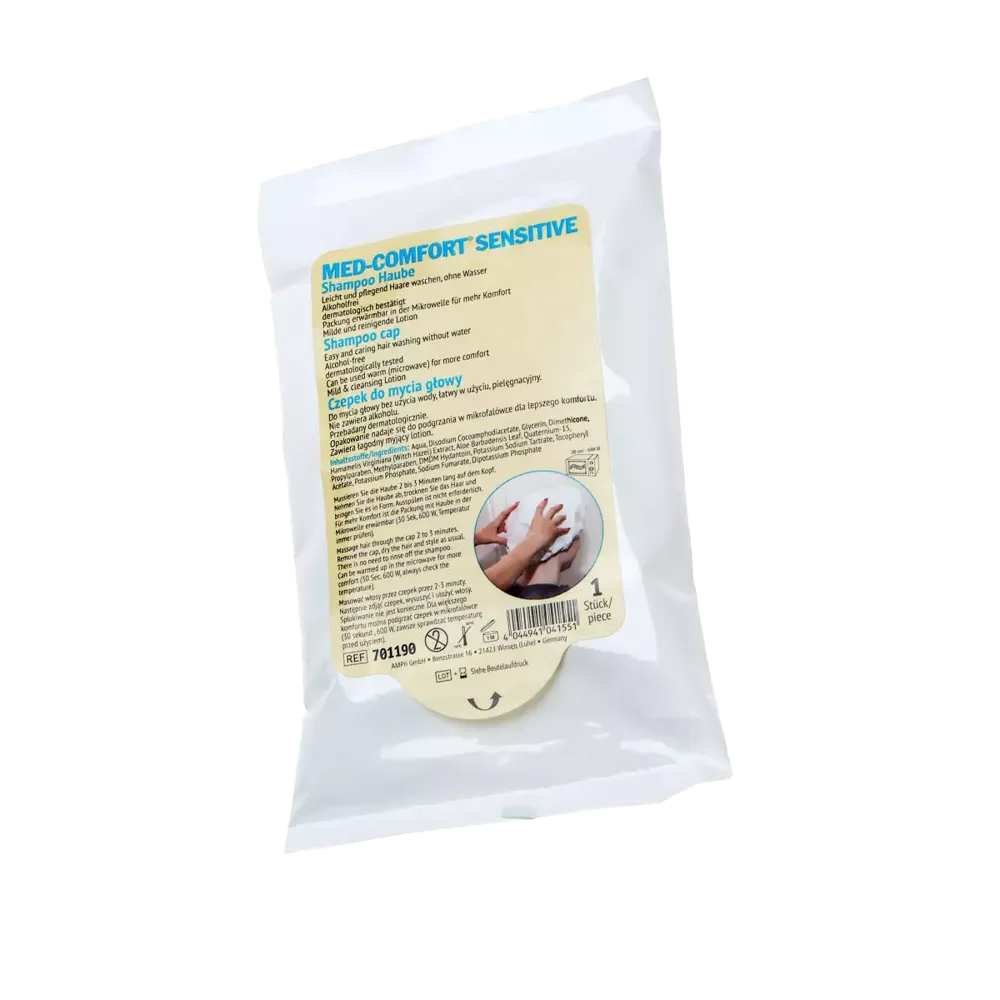 Shampoohaube von Ampri in transparenter Verpackung mit Etikett.