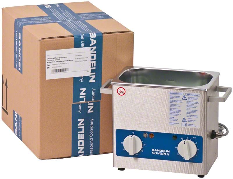 Ultraschallbad SONOREX SUPER RK 102 H neben Verpackungskarton.