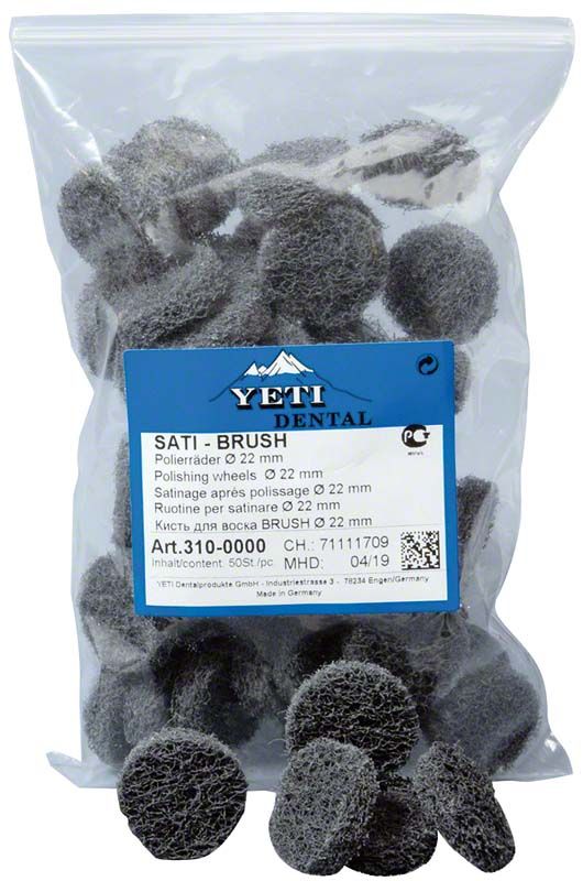 Satibrush Polierräder 22 mm in einer durchsichtigen Verpackung mit Etikett.