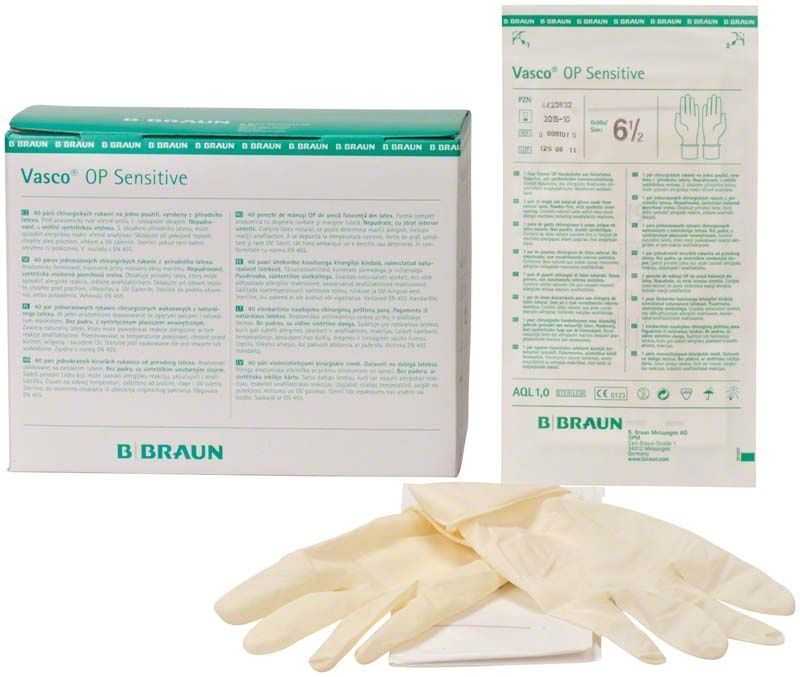 Verpackung und Paar Vasco® OP Sensitive Handschuhe Größe 6,5.