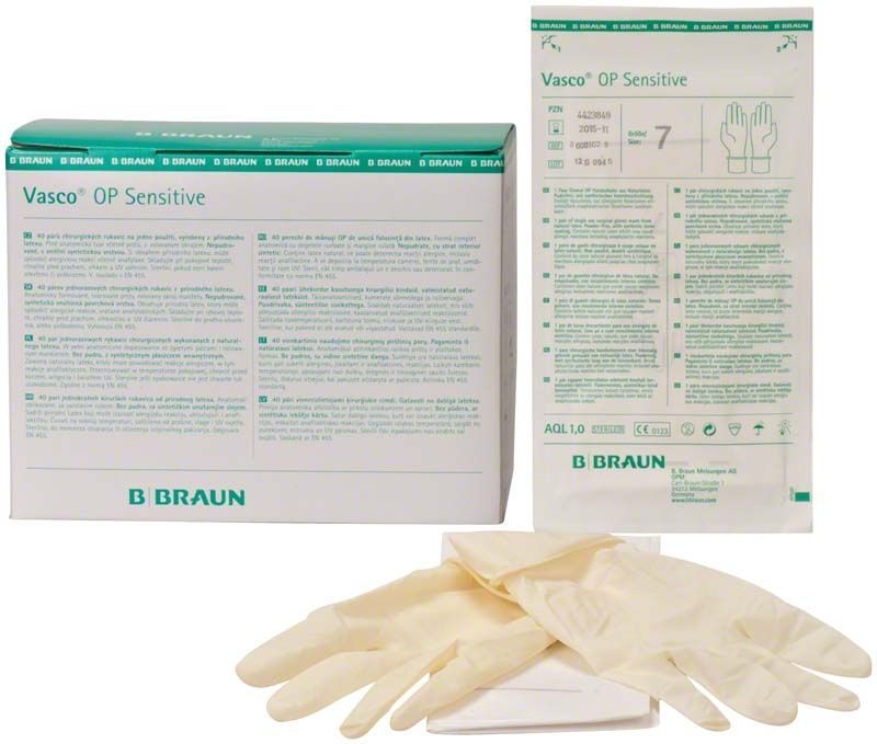 Vasco® OP Sensitive chirurgische Handschuhe in Verpackung und einzeln gezeigt.