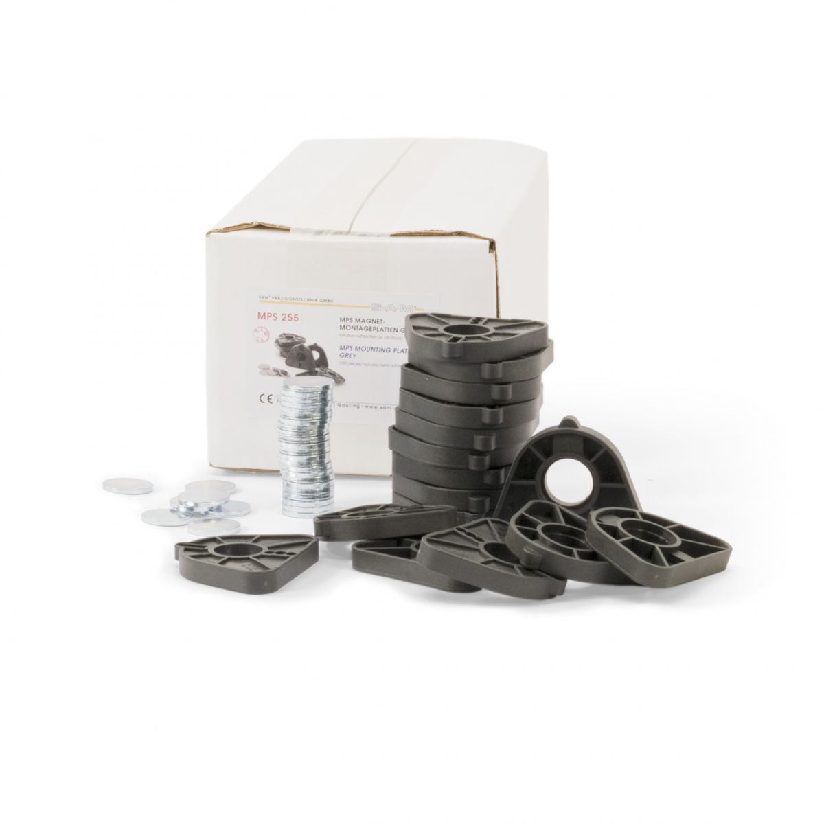 Montageplatten MPS grau 100er vor Verpackung mit Schrauben und Dübeln.