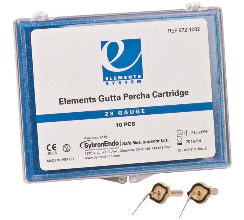 SybronEndo Elements® Guttapercha-Kartuschen in blauer Verpackung mit zwei Aufsätzen.