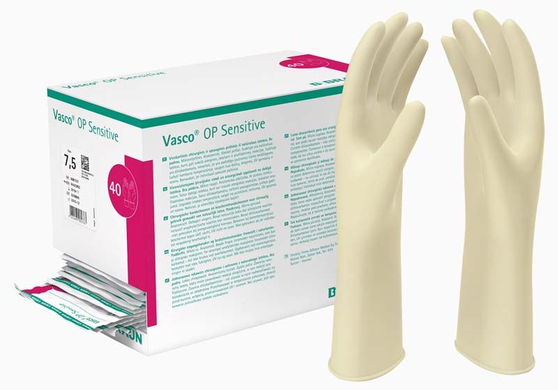 Vasco OP Sensitive OP-Handschuhe, Größe 7,5, mit Verpackung und Handschuhen.