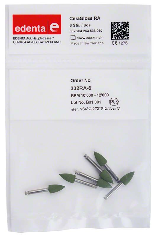 Verpackung mit CeraGloss grün Flamme Schleifköpfen und Produktinformationen.