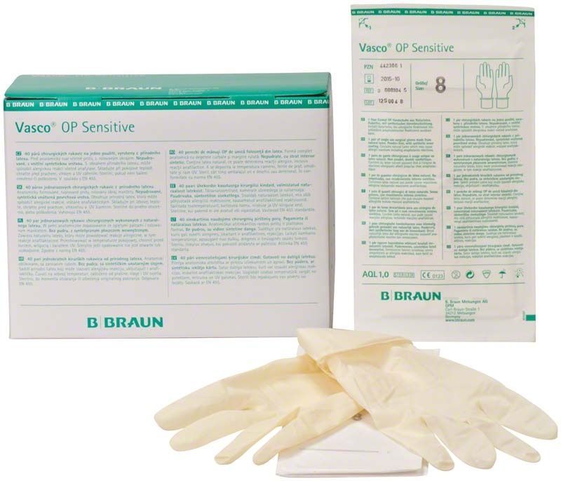 Verpackung von Vasco® OP Sensitive Handschuhen Größe 8 mit Handschuhen im Vordergrund.