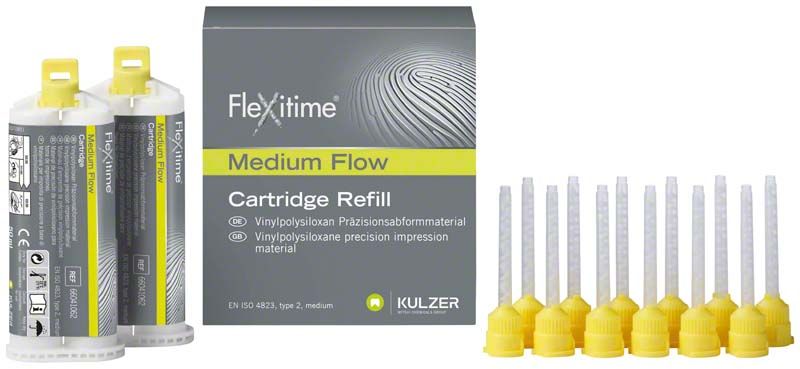 Flexitime Medium Flow Kartuschen und gelbe Spitzen vor Verpackung.