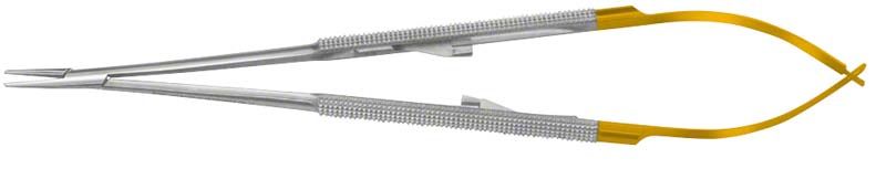 Mikro-Nadelhalter Barraquer mit geriffeltem Griff und gelben Akzenten.