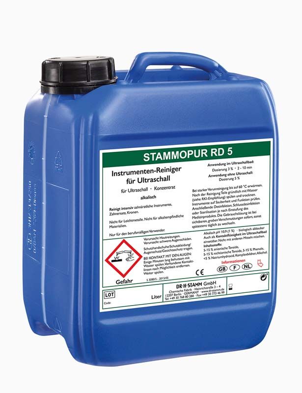 Stammopur RD 5 Instrumenten-Reiniger in blauem 5-Liter-Kanister mit Etikett.