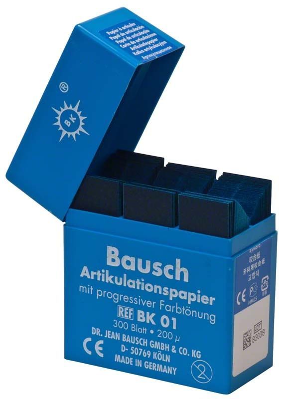 Blaues Bausch Artikulationspapier im Plastikspender mit geöffneter Verpackung.