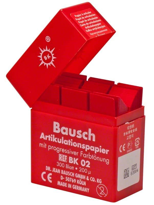 Offene rote Plastikspenderbox mit Bausch Artikulationspapier Streifen 200µ.