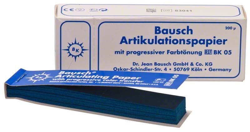 Bausch Artikulationspapier Streifen 200µ blau mit Verpackung.