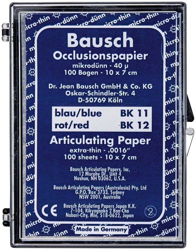 Bausch Occlusionspapier 40µ, blau, Verpackung mit Produktinformationen.