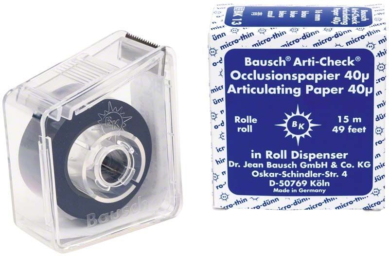 Blaue Arti-Check® Occlusionspapierrolle im Kunststoffspender neben Verpackung.