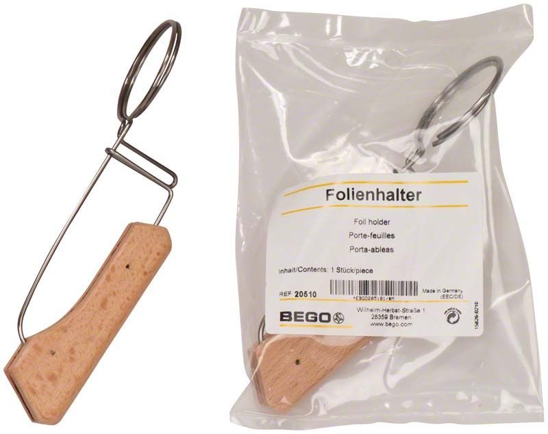 Adapta Folienhalter von BEGO mit Holzelementen und Verpackung.