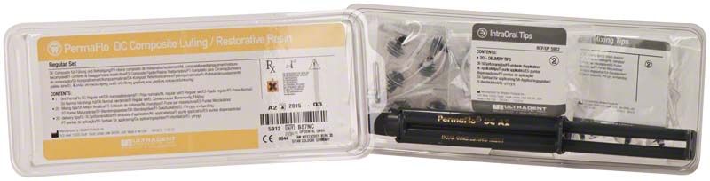 PermaFlo® DC A2 Kompositset mit Spritzen und Zubehör in geöffneter Verpackung.