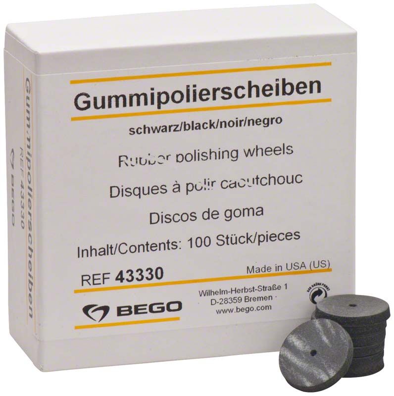 Gummipolierscheiben schwarz vor weißer Verpackung mit Aufschrift "Gummipolierscheiben".