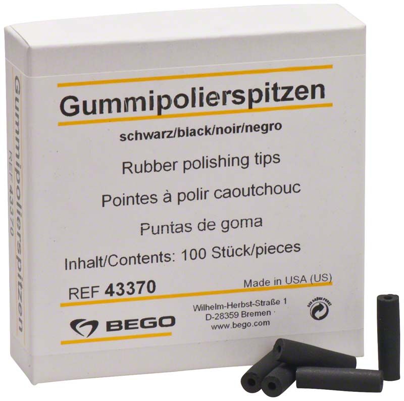 Gummipolierspitzen schwarz unmontiert vor Verpackung mit Produktinformationen.