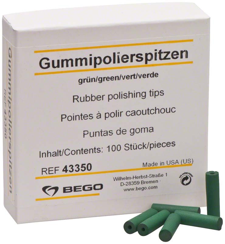 Verpackung von grünen Gummipolierspitzen mit Produktinformationen.