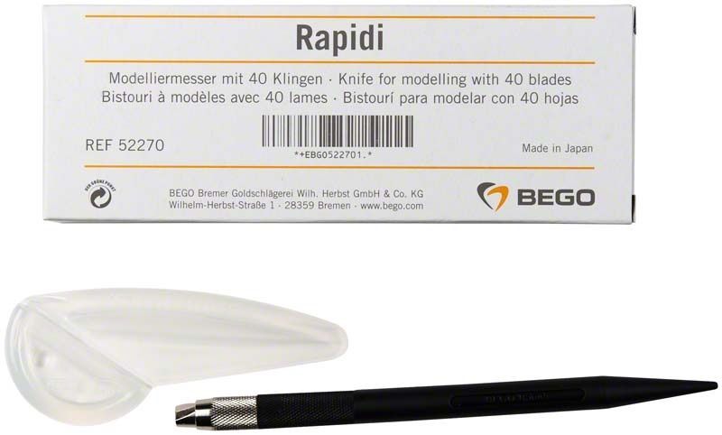 Rapidi Modelliermesser komplett mit Klingen und Etui auf weißem Hintergrund.
