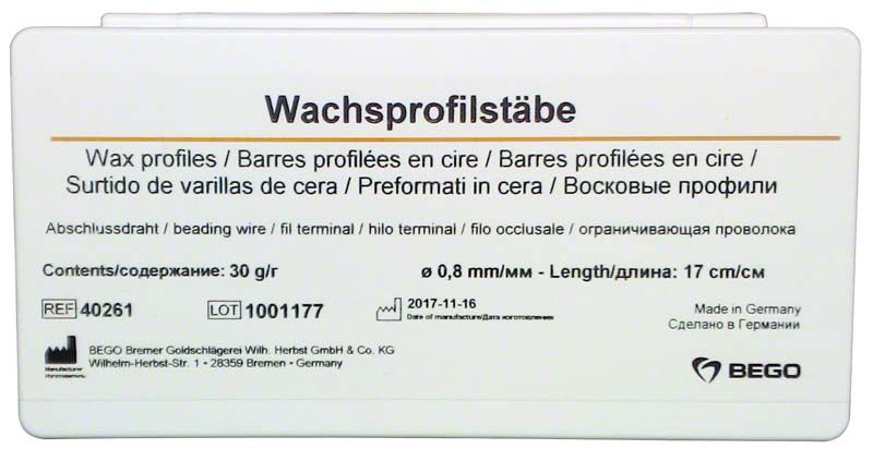 Wachsprofilstäbe Verpackung mit mehrsprachiger Produktbeschreibung.