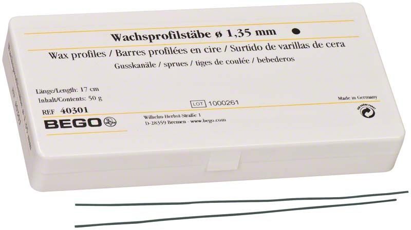 Wachsprofilstäbe Gusskanäle 1,35 mm in weißer Verpackung.