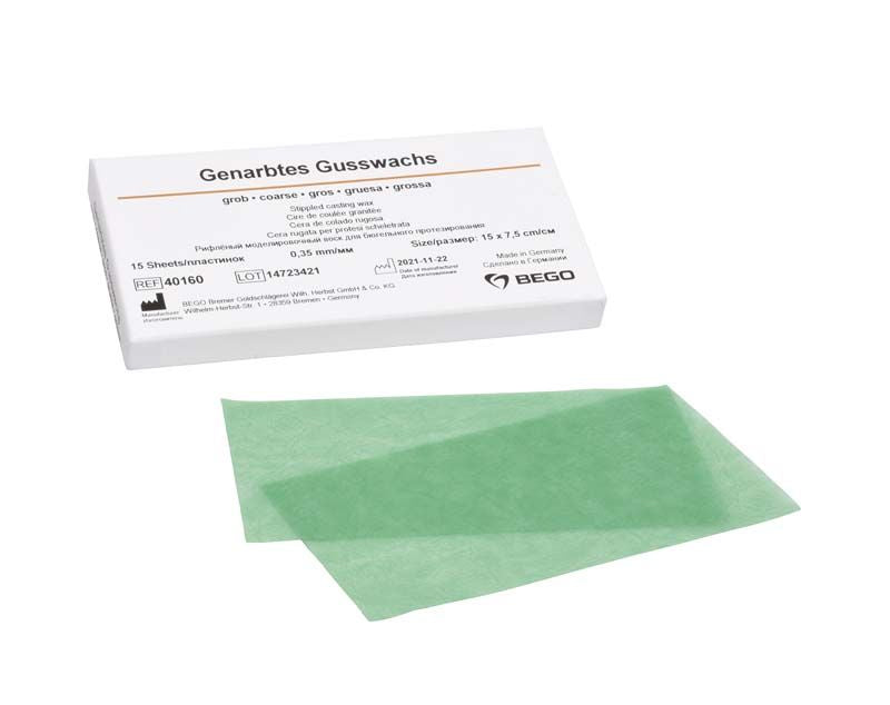 Genarbtes Gusswachs grob 0,35mm in grüner Folie mit Verpackung.