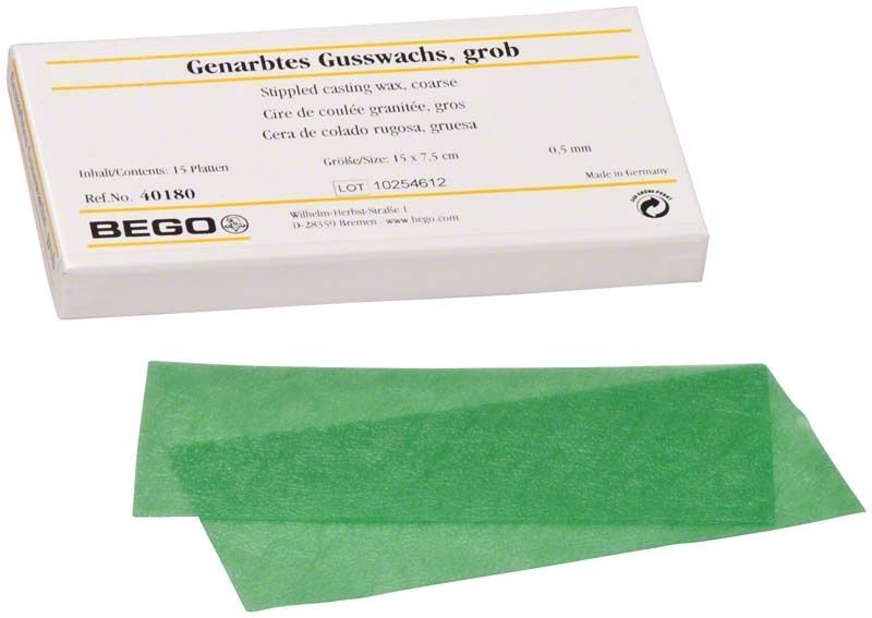 Genarbtes Gusswachs grob 0,50mm in grüner Farbe mit Verpackung.