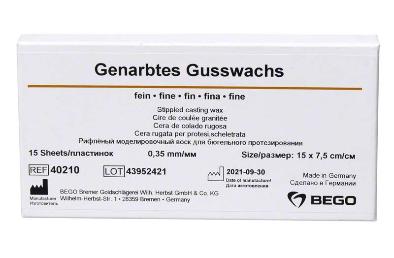 Genarbtes Gusswachs fein 0,35mm Verpackung mit Produktspezifikationen und Herstellerangaben.
