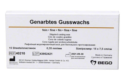 Genarbtes Gusswachs fein 0,35mm Verpackung mit Produktspezifikationen und Herstellerangaben.