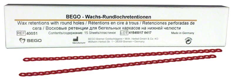 BEGO Wachs-Rundlochretentionen, rote Wachse auf weißer Verpackung.