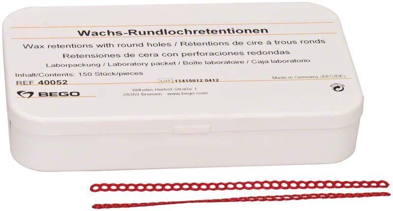 Wachs-Rundlochretentionen in einer weißen Verpackung von BEGO.