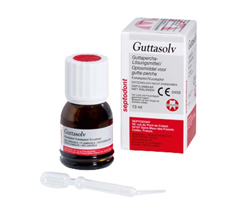 Guttasolv-Flasche mit Verpackung und Pipette für die Wurzelkanalbehandlung.