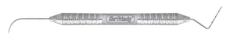 Zahnärztliche Sonden-Parodontometer-Kombination mit geriffeltem Griff und zwei Messspitzen.