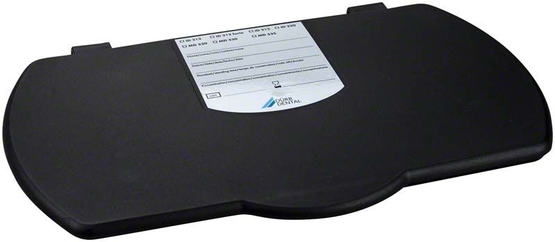 Hygobox Deckel in Anthrazit mit Etikett für Dentalinstrumenten-Desinfektionsbox.