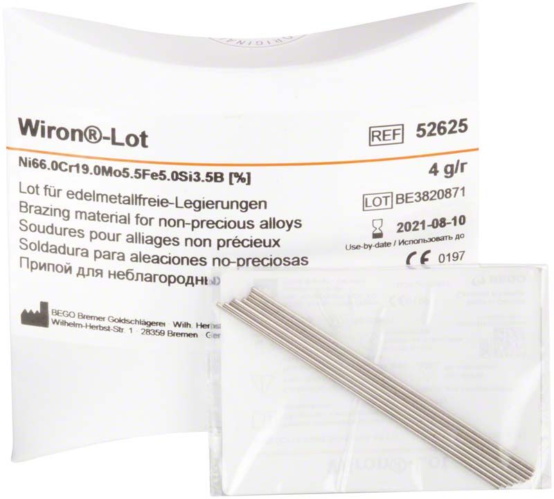 Wiron®-Lotstäbe für Dentalanwendungen mit Verpackung und Produktinformationen.