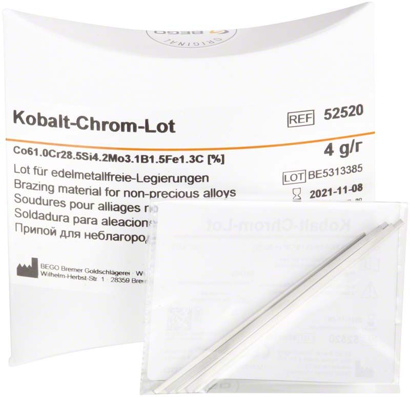 Kobalt-Chrom Lotstäbe und Verpackung mit technischen Details.