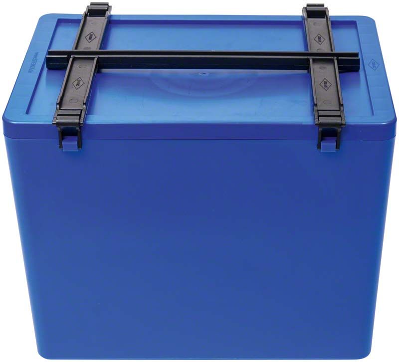 Blauer Labor-Container Gr. 4 mit Deckel und schwarzem Griff.