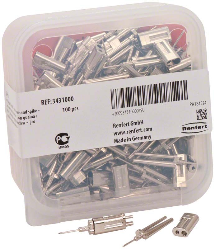 100 Bi-Pin Modellpins mit Hülse, Dentalanwendung, in Kunststoffbox.